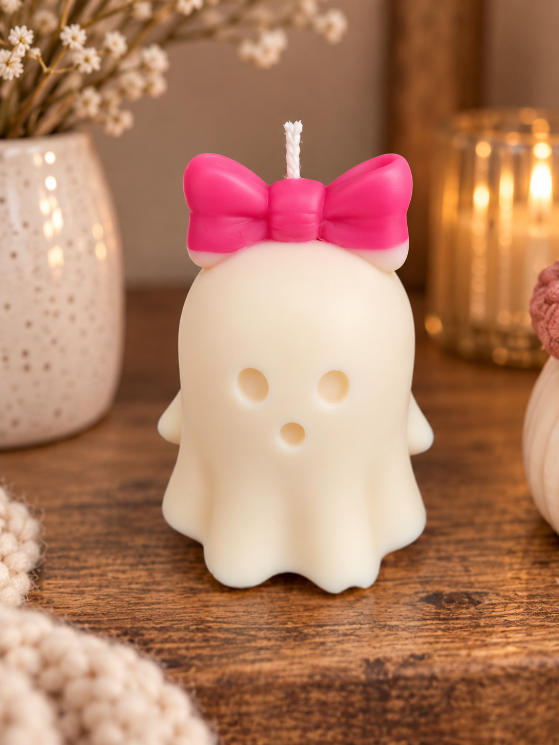 Cute Ghost Candle with Bow – Handmade Scented Halloween Candle