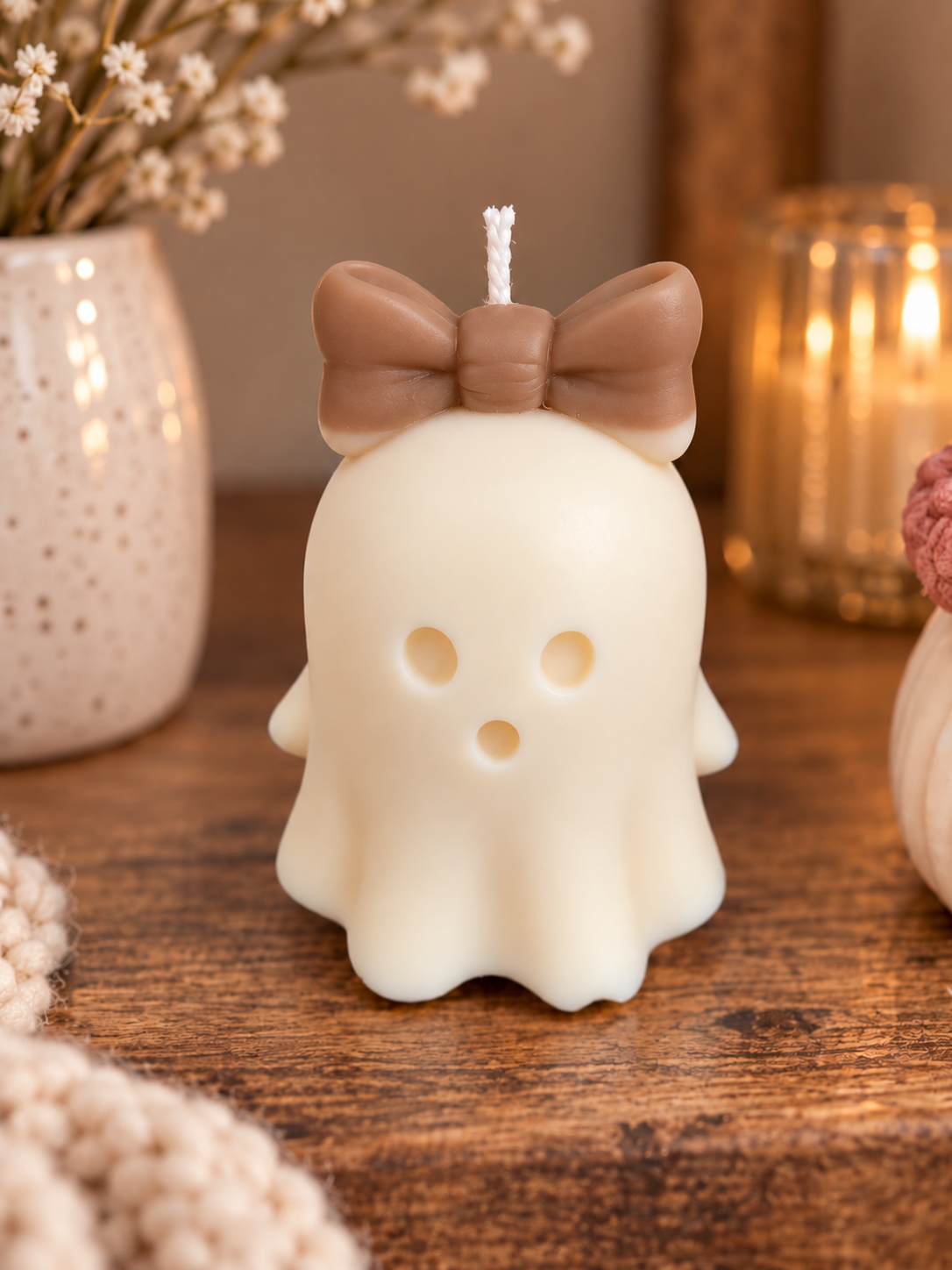 Cute Ghost Candle with Bow – Handmade Scented Halloween Candle