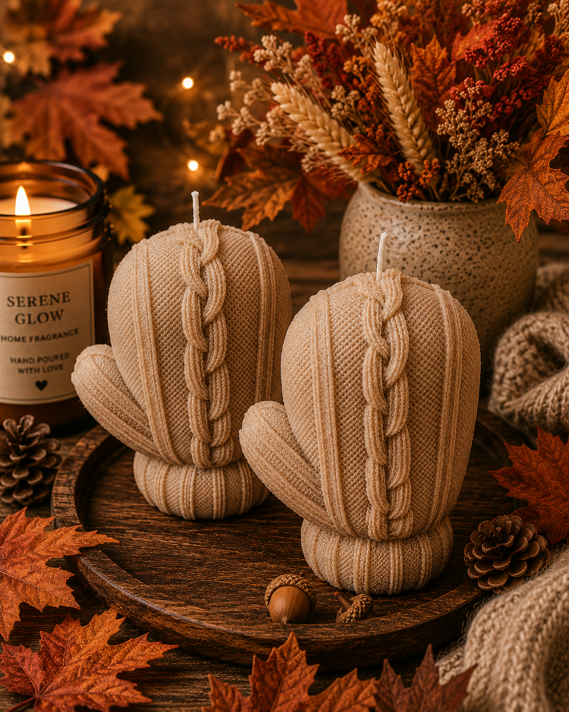 Knitted Mitten Candle | Handmade Autumn Candle | Serene Glow Home Fragrance